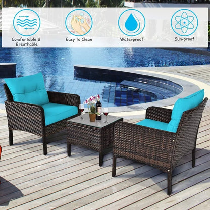 3-Piece Patio Furniture Set, PE Rattan Wicker Outdoor Conversation Set w/Glass Top Coffee Table & Thick Cushions.