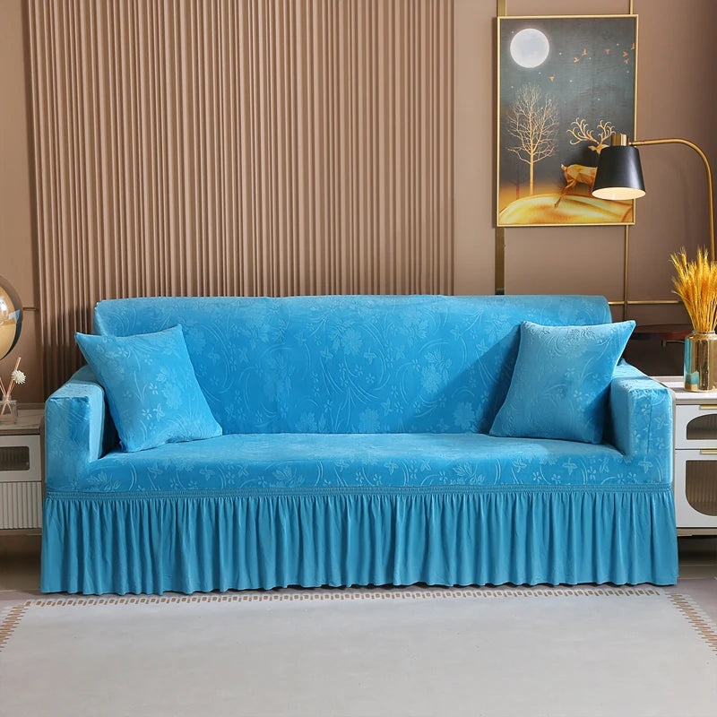 Luxury 1/2/3/4 Seater Slipcover with Elegant Skirt Solid Color Thickened Crystal Velvet Jacquard European Full Cover Non-Slip