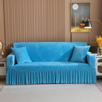 Luxury 1/2/3/4 Seater Slipcover with Elegant Skirt Solid Color Thickened Crystal Velvet Jacquard European Full Cover Non-Slip