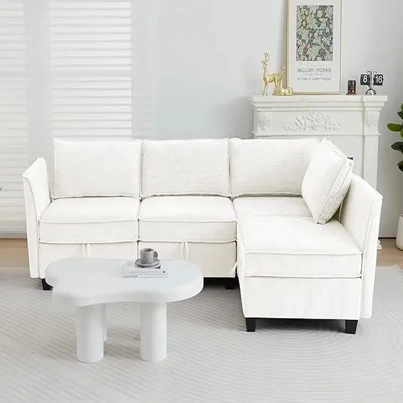 4 Seater Beige Modular Convertible L Shaped Sectional Sofa with Storage for Living Room or Office