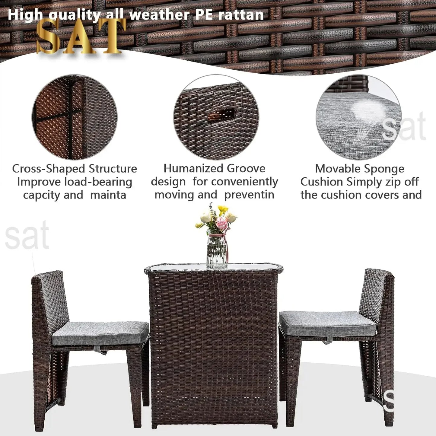Hot Wicker Outdoor Patio Bistro Set Patio Furniture Set For Small Space With Glass Top Table Dining Chairs