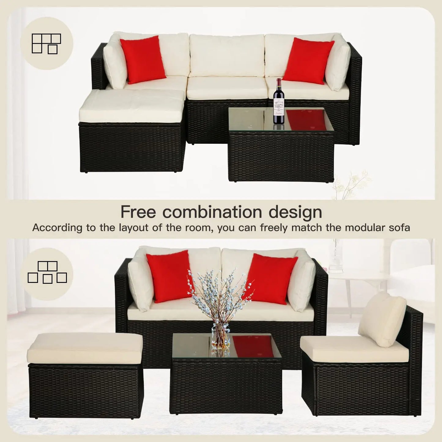 5 Pieces Patio Furniture Sets Outdoor Furniture Patio Sofa Wicker Sectional Sofa Modular Outdoor Conversation Set, Customized