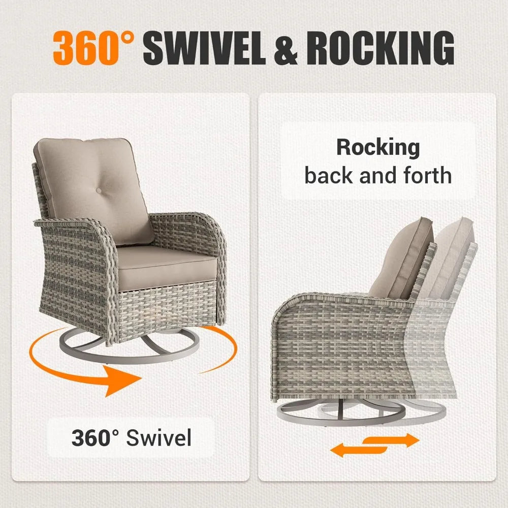 Patio Rocking Swivel Chair Outdoor Wicker Rattan Bistro Set with Tempered Glass Side Table