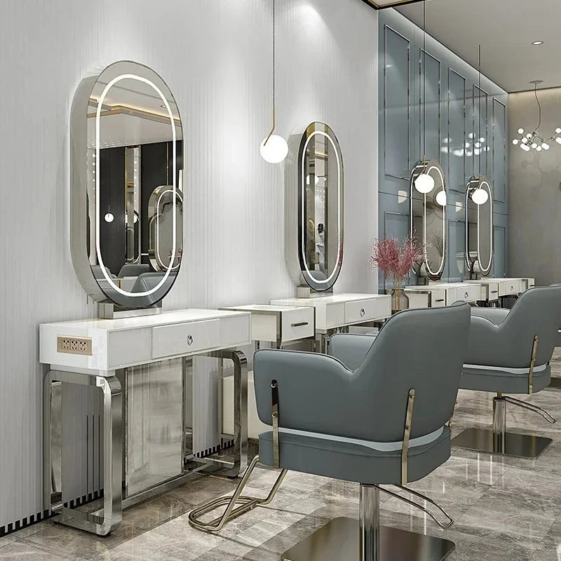 SS newBarber Shop Hair Salon Hair Salon with Socket Hot Dyeing with Light Stainless Steel Floor Dressing Table