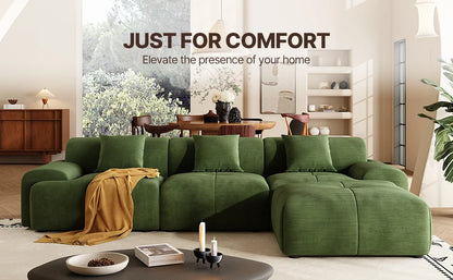 113" Modern L-Shaped Modular Sectional Sofa for Living Room, Corduroy Upholstery Green, 3-Seater Cloud Couchand Movable Ottoman