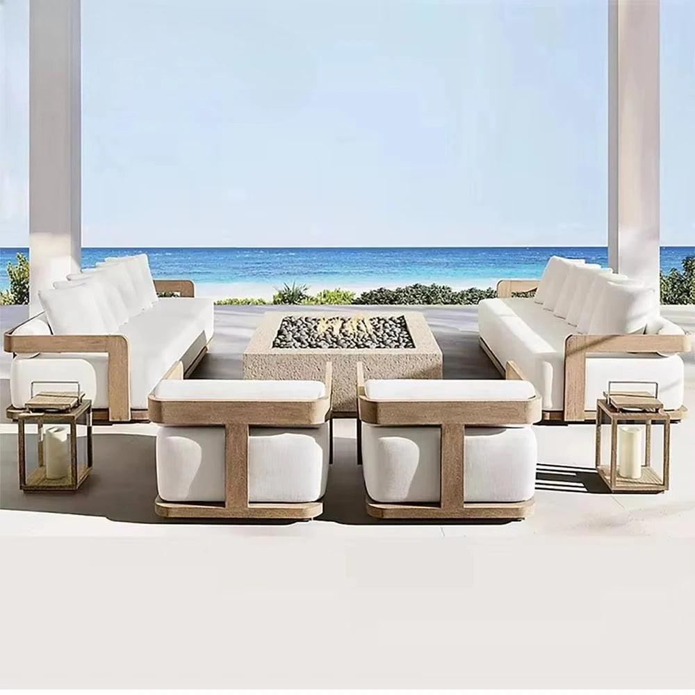 Modern Outdoor Furniture Set Waterproof Fire Pit with Teak Wooden Bench & Rattan Aluminum Cast Sofa Garden Living Room Hotels