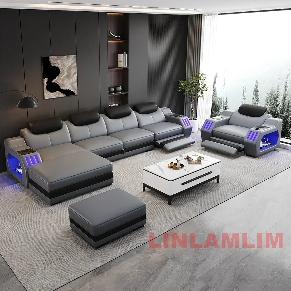 Modern Genuine Leather Massage Sectional Sofa Bed with Adjustable Headrests & LED Lights, Recliner Couch Set with Storage & USB