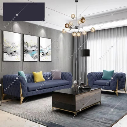 Home Furniture Chesterfield Design Royal Luxury Gold Foot Living Room Genuine Leather Velvet Sofa Set