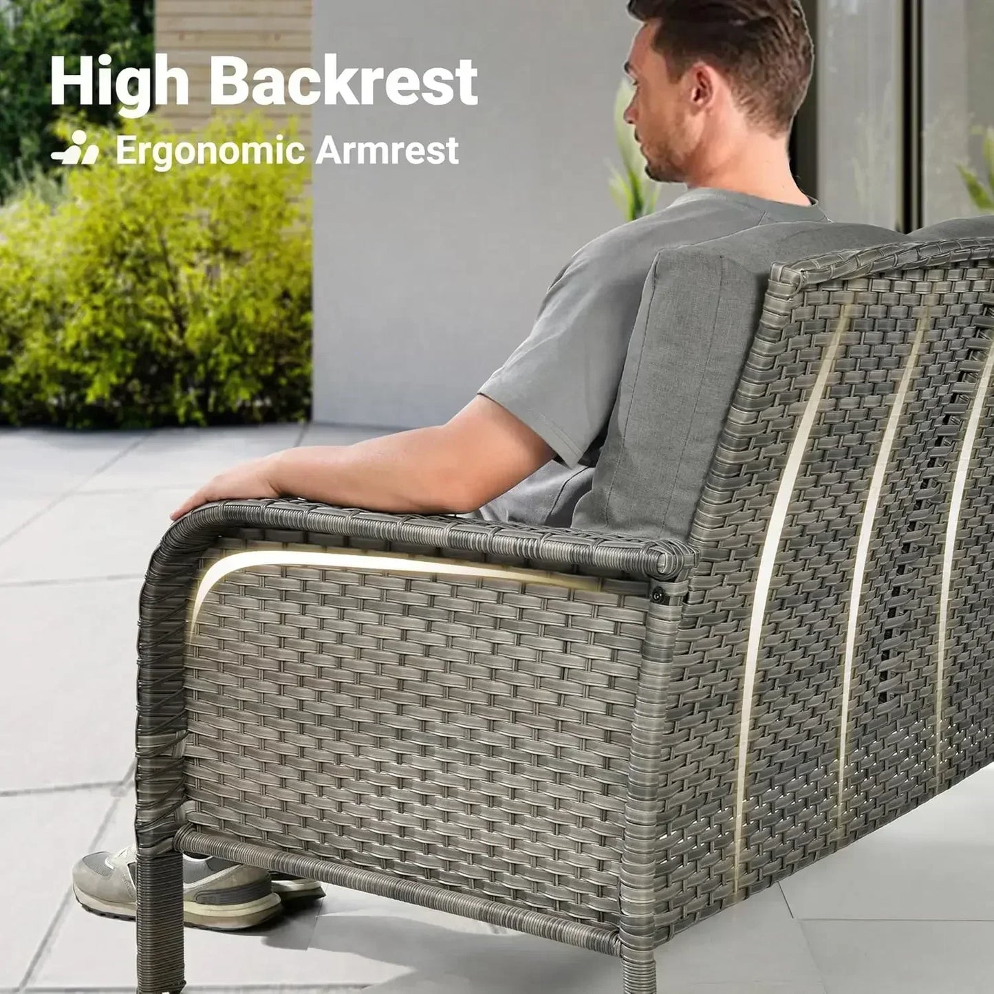 HOT-4 Pieces Patio Furniture Set, Outdoor Wicker Sofa with Coffee Table, Chairs, All Weather High Back  Couch Cushions, Dark Gre