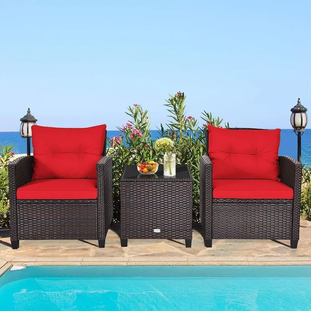 3-Piece PE Rattan Outdoor Sofa Set with Cushions and Glass Table for Patio, Balcony, Garden, Poolside (Red)
