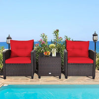 3-Piece PE Rattan Outdoor Sofa Set with Cushions and Glass Table for Patio, Balcony, Garden, Poolside (Red)
