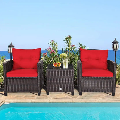 3-Piece PE Rattan Outdoor Sofa Set with Cushions and Glass Table for Patio, Balcony, Garden, Poolside (Red)