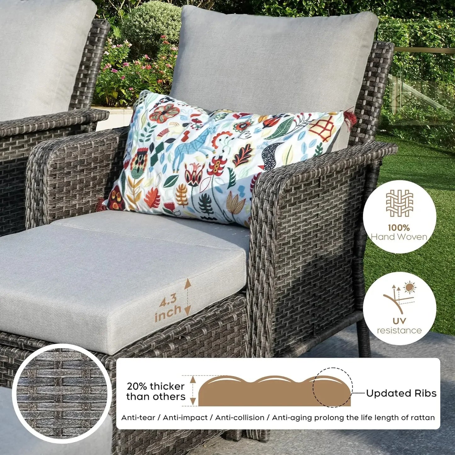 Outdoor Set with 44" Gas Fire Pit Table - PE Wicker Sets Cushioned Seat Couch - Seats Outdoor Chair Set