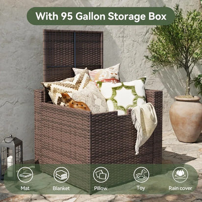 8 Piece Patio Furniture Set, Wicker Outdoor Furniture Set with Storage Box and Glass Top Table, Patio Sectional Set with Thicke