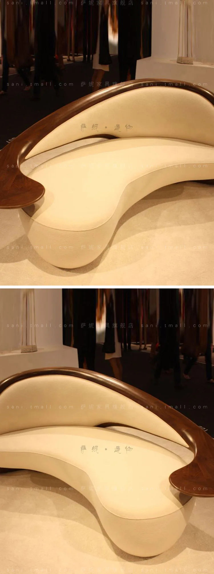 c6601 Wabi-sabi commercial sofa, three-person, curved, solid wood fabric Nordic