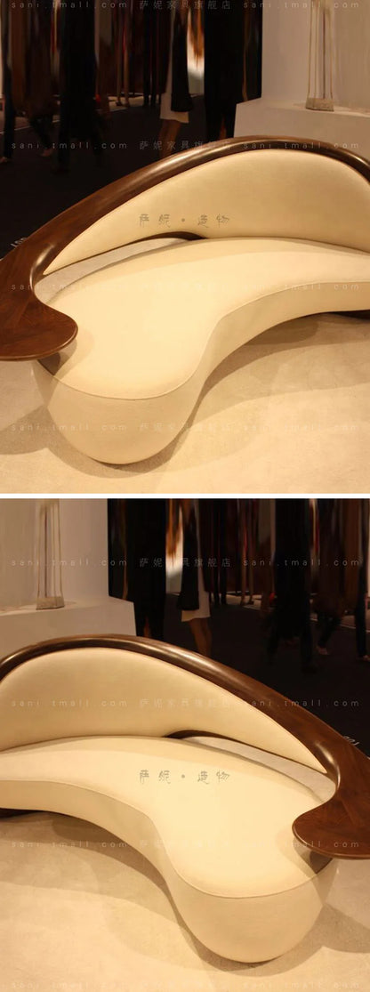 c6601 Wabi-sabi commercial sofa, three-person, curved, solid wood fabric Nordic