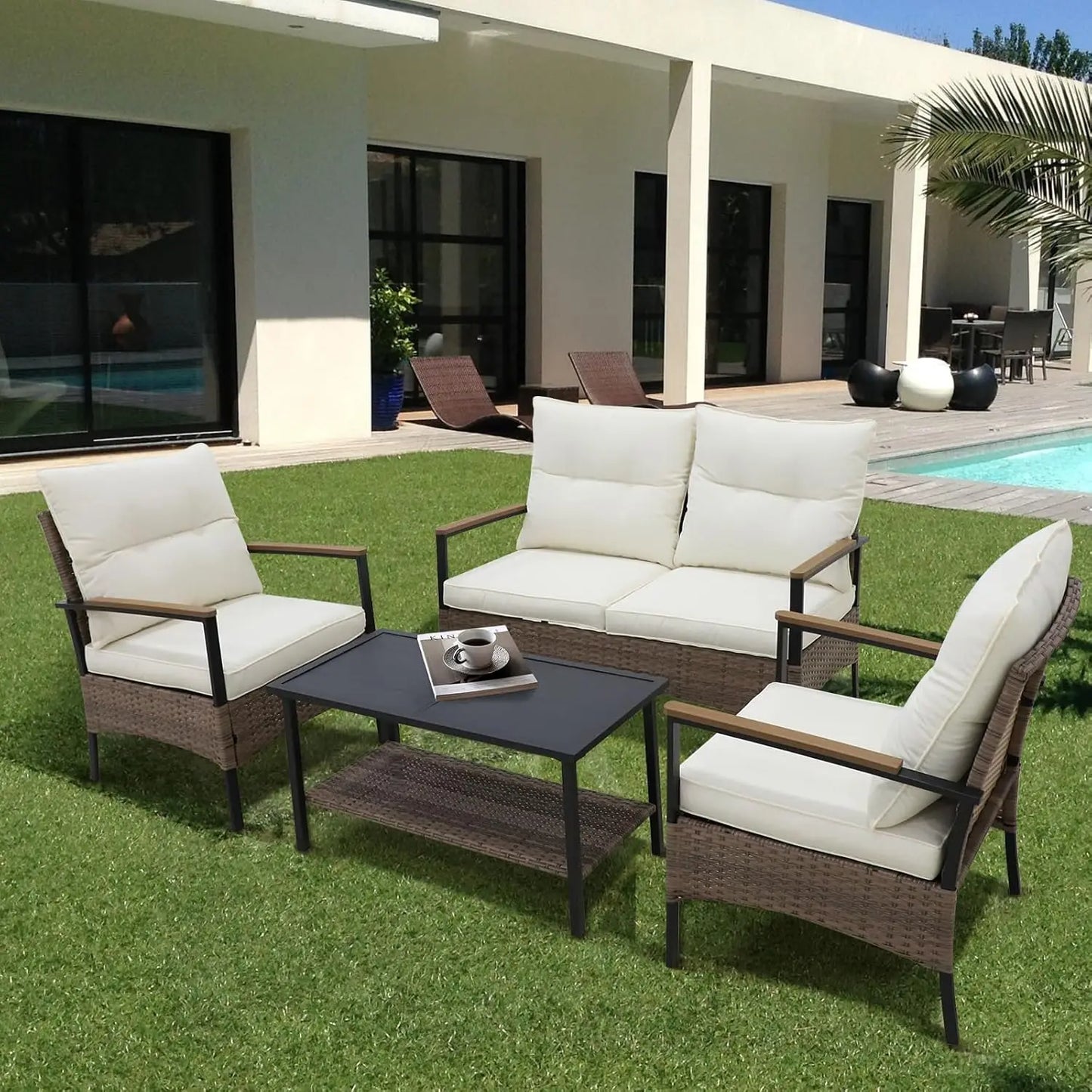 Outdoor Patio Furniture Set, Outdoor Conversation Set, Rattan Wicker Sofa, Loveseat, 2 Patio Chairs and Coffee Tabl