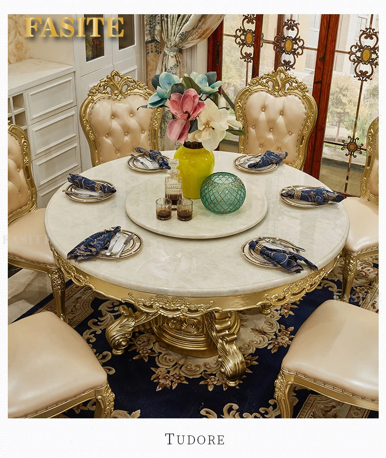 European round dining table and chair combination full solid wood carving flower dining table French marble round dining table