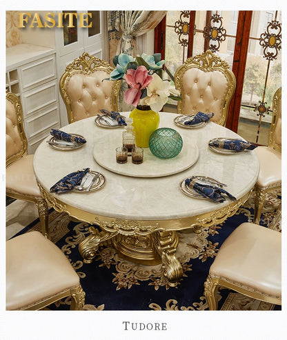 European round dining table and chair combination full solid wood carving flower dining table French marble round dining table