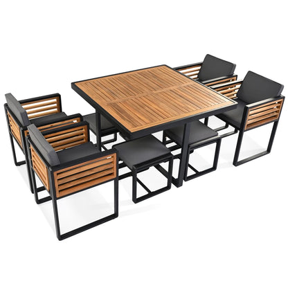 9-Pieces Acacia Wood Patio Dining Set, Space Saving Outdoor Patio Set, 4 Cushioned Chairs & 4 Ottomans & 1 Square Table
