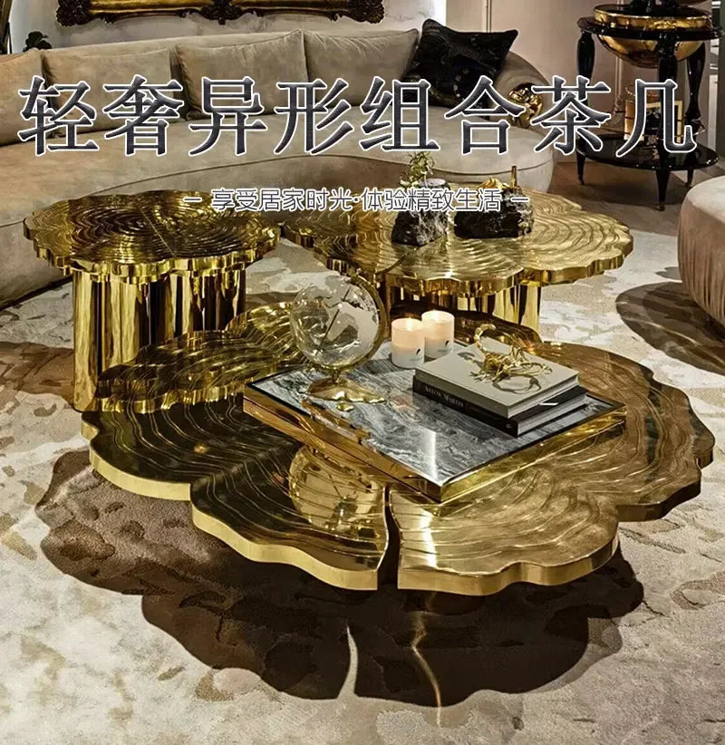 Italian light luxury round coffee table high-end villa living room stainless steel heterosexual etching