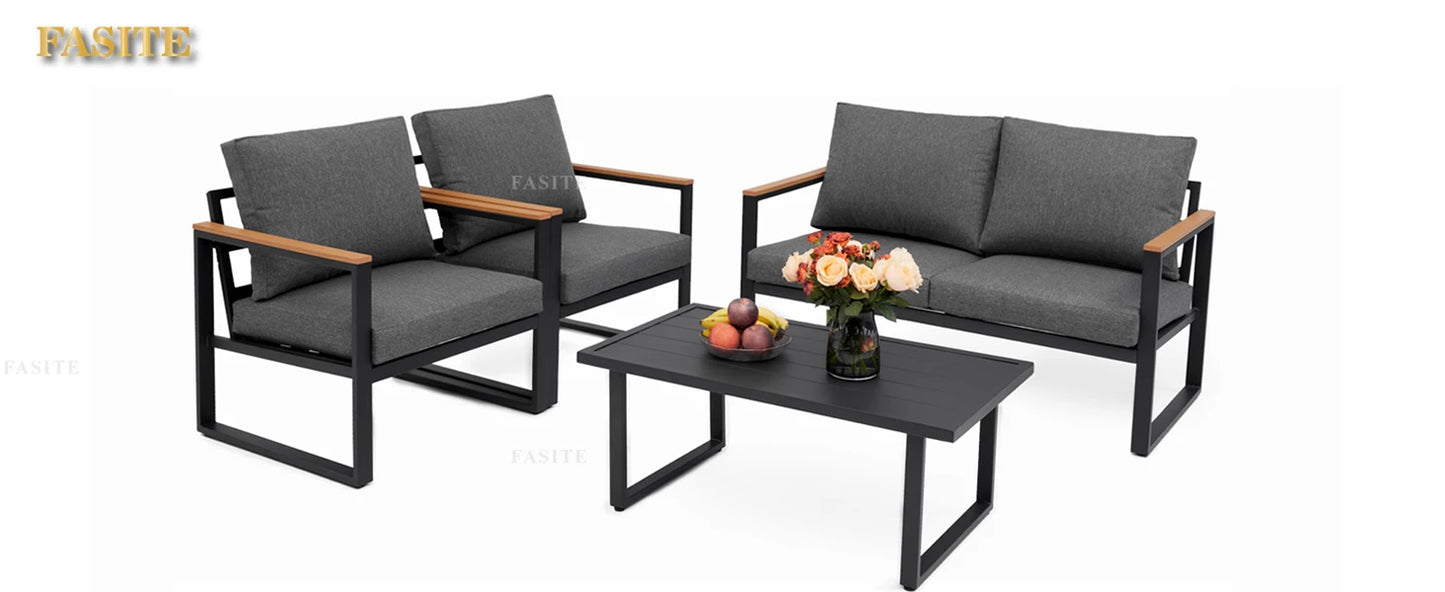 Patio Furniture Set, Metal Patio Conversation Sets with Removeble, High-Resiliency Sponge Cushions, Grey