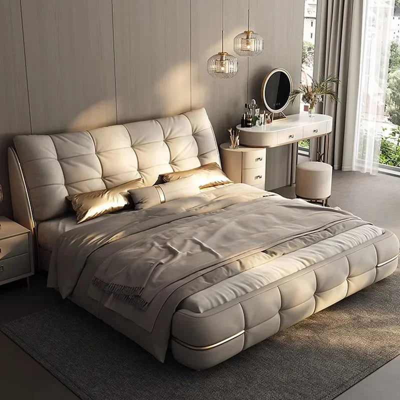 Modern simple light luxury cream style leather bed