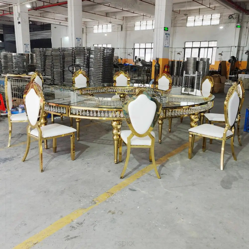 FSDKX Luxury S Shape Table for Wedding Glass Stainless Steel Circle Serpentine Table Wedding Crystals Hotel Banquet Dining Table