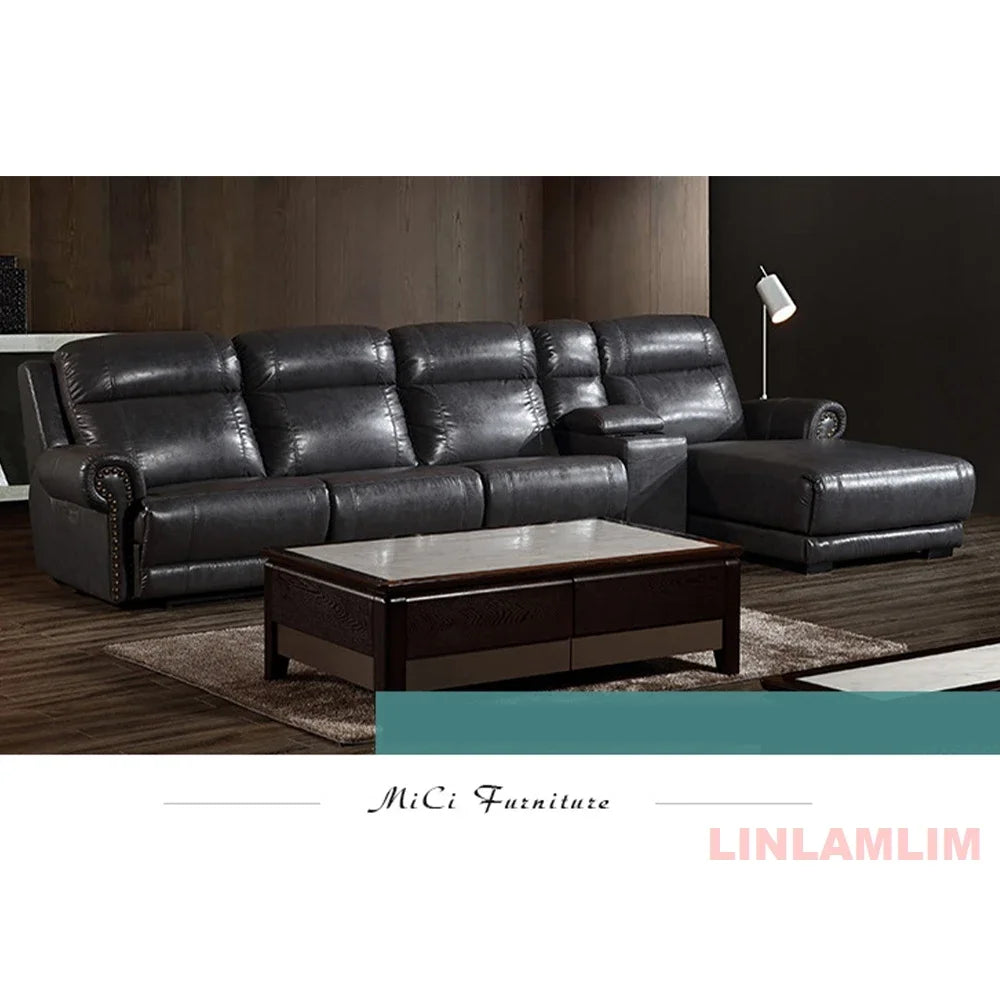 MINGDIBAO Luxury Genuine Leather Power Recliner Sofa Set, L Shape Electric Reclining Couch with Nailhead Trim, Home Theater Seat