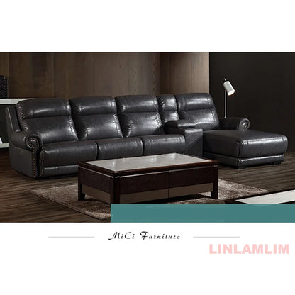 MINGDIBAO Luxury Genuine Leather Power Recliner Sofa Set, L Shape Electric Reclining Couch with Nailhead Trim, Home Theater Seat