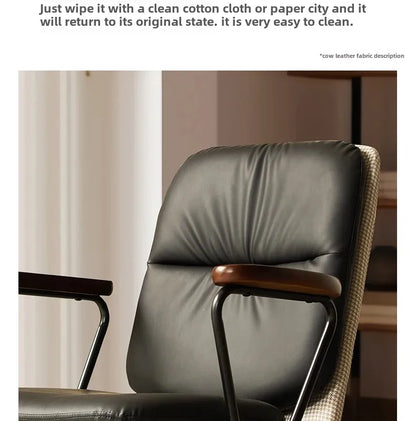 Comfortable Genuine Leather Chair Steel-Legged Adjustable Swivel Seat Ergonomic Desk Chair for Prolonged Sitting