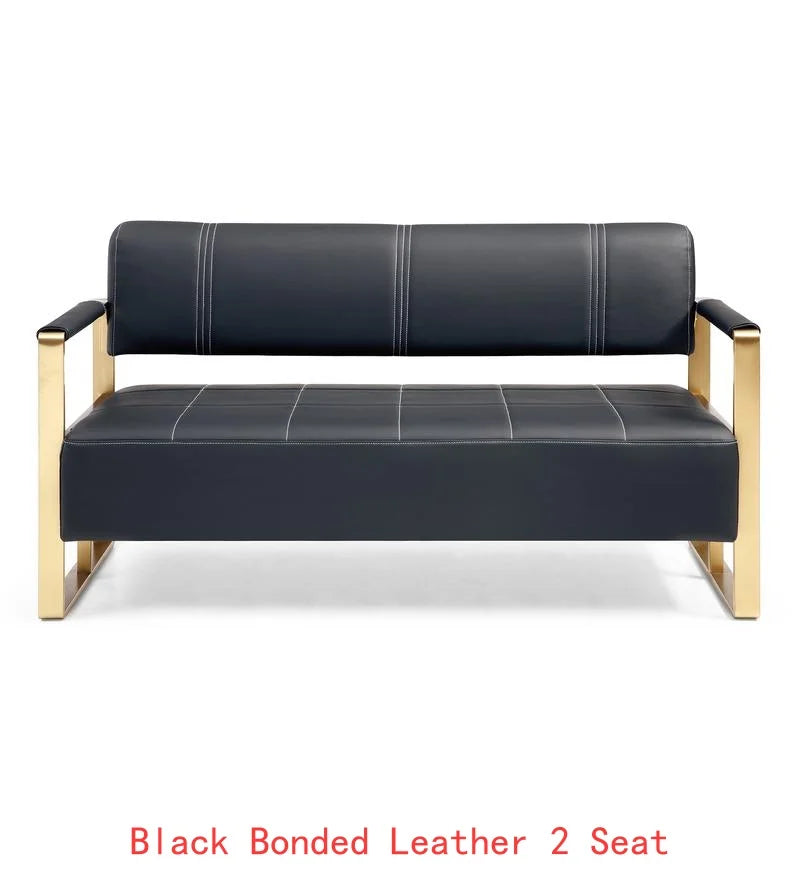 57.9" Modern Faux Leather Loveseat Sofa for Living Room, Office, or Studio - 2 Seater Couch with Gold Metal Arms, Black