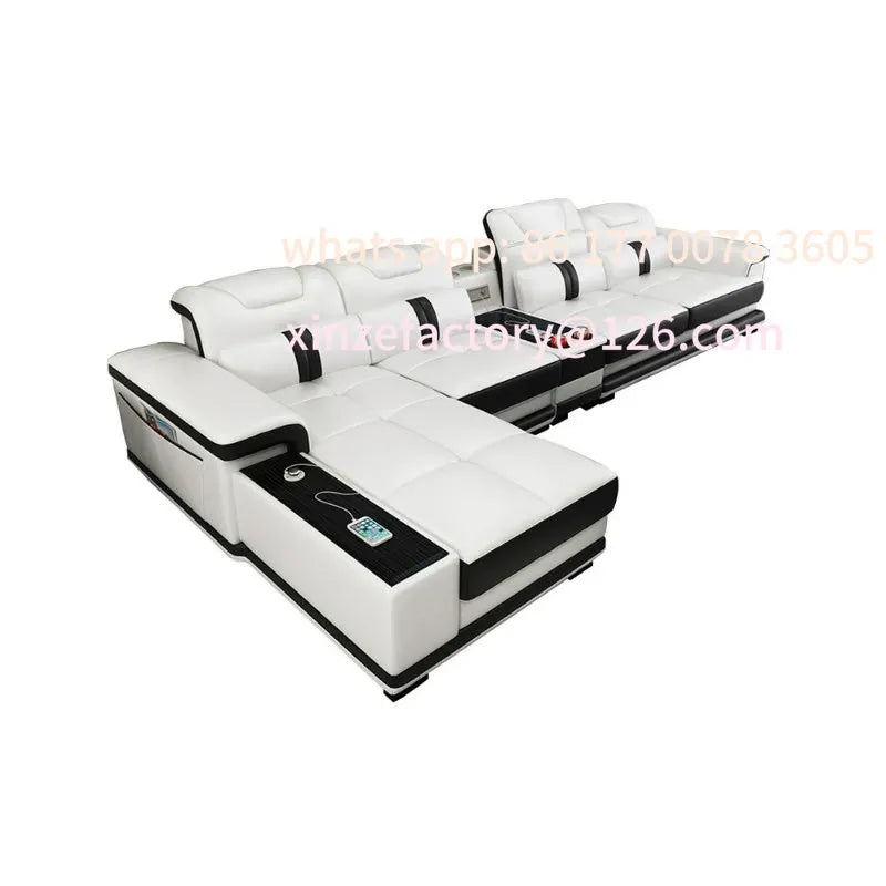 Customizable Modern Living Room Sofas L Shape Corner Genuine Leather Couch with Speake,Radio,USB, Bluetooth, Cup Holder