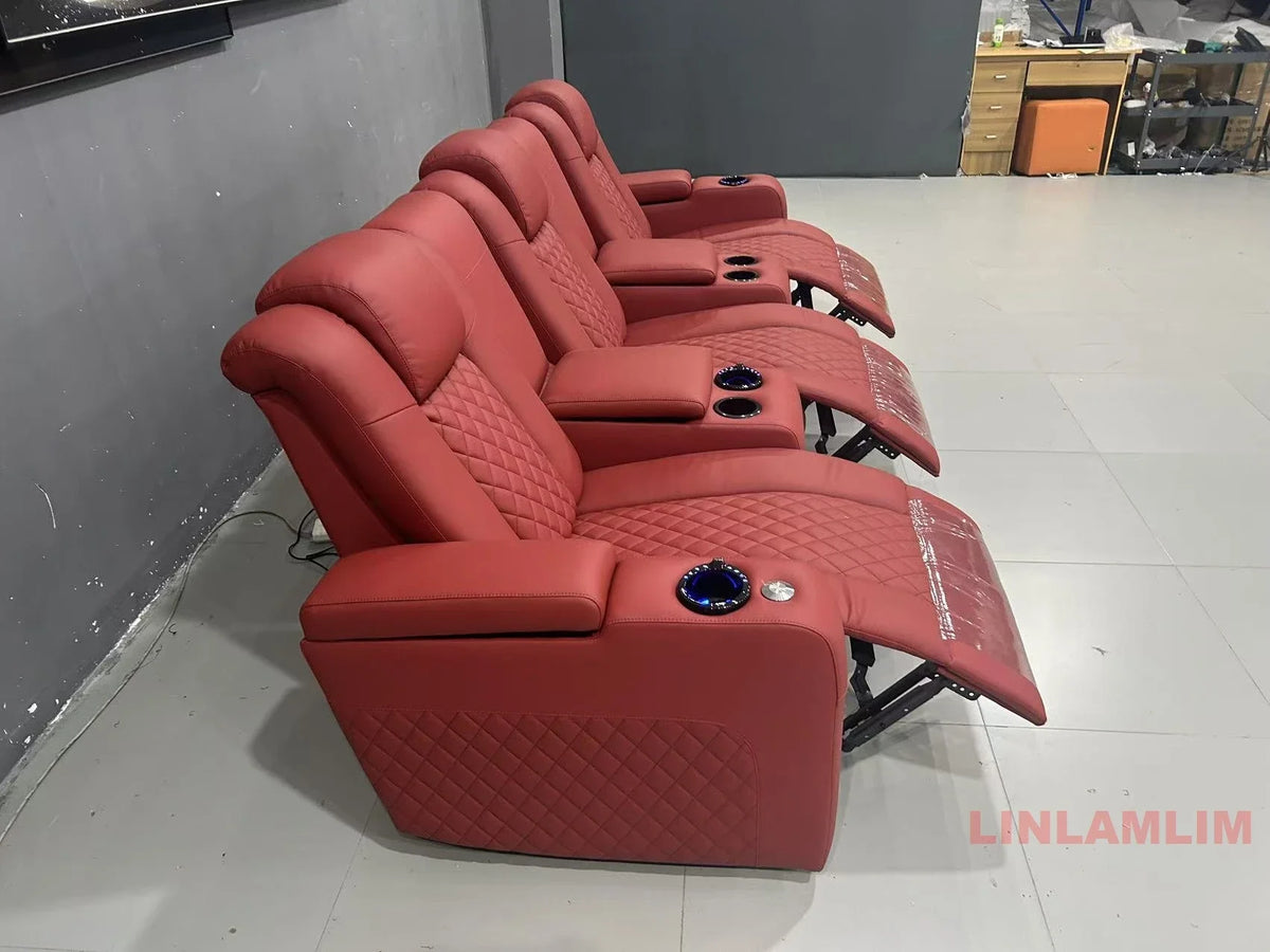 Linlamlim Luxury 3-Seat Recliner Sofa with Cup Holders, Leather Home Theater Seating, Cinema Recliner Couch with Center Console