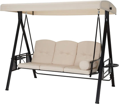 Porch Swing Chair with Adjustable Backrest&Canopy, 3 Seat Patio Swing with Canopy 2-in-1 Convertible Outdoor Swing with Canopy