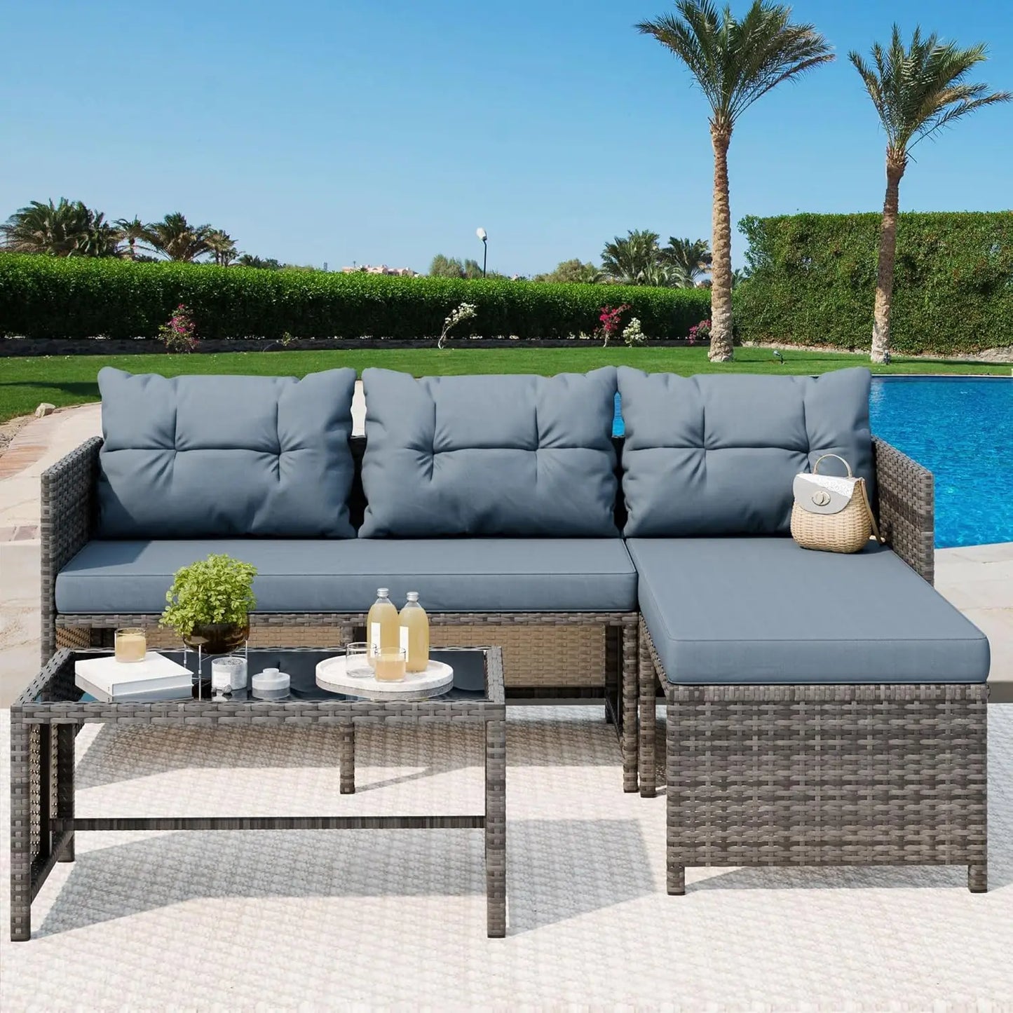 o Furniture Sets, All-Weather Wicker Outdoor Sofa Couch Sectional Set, Small Conversation Set for Patio, Garden w/Cushion, Glass
