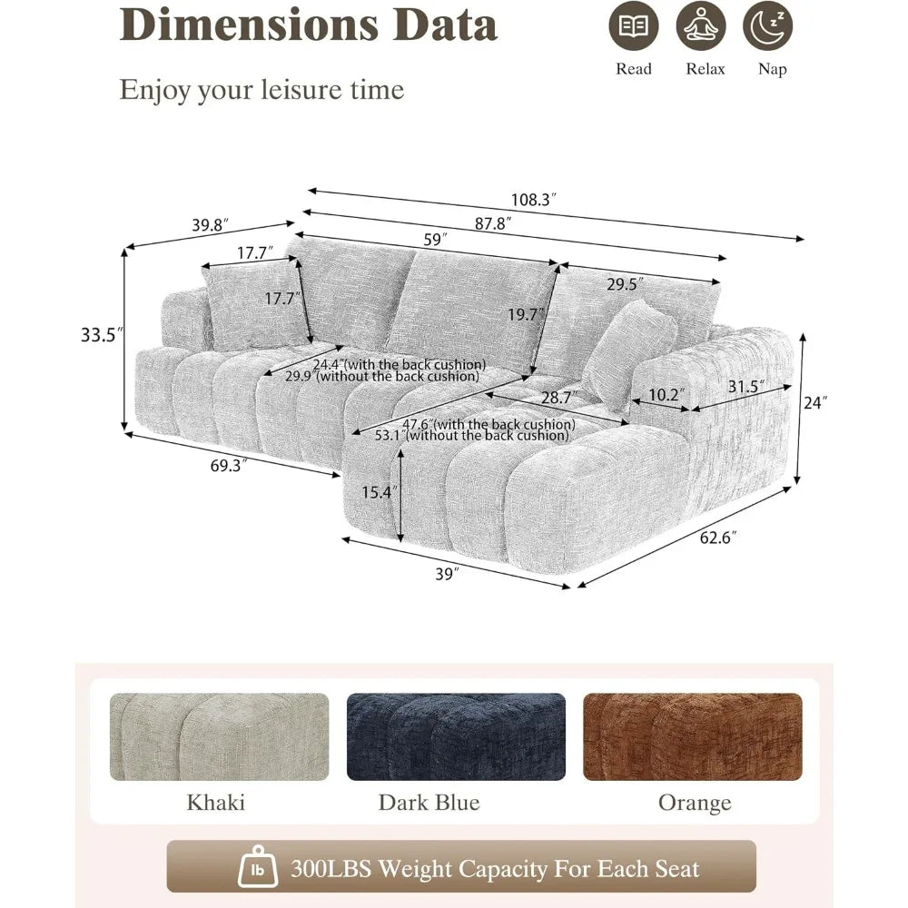 108" Boneless Cloud Modular Sectional Couch for Living Room, L Shaped Sofa with Chaise | Chenille Fabric Compressed Foam Sofa