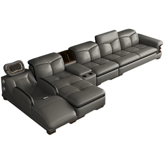 Premium Smart leather sofa massage for left and right noblewomen, cowhide solid wood living room corner small unit