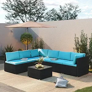 7 Piece Patio Furniture Set, Outdoor Patio Conversation Set, All-Weather Rattan Wicker Sectional Sofa Couch w Water Resistant Th