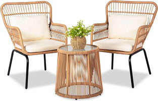 3 Piece Outdoor Wicker Furniture Bistro Set, Rattan Chairs Conversation Sets Wicker Patio Furniture for Balcony Poolside Backyar