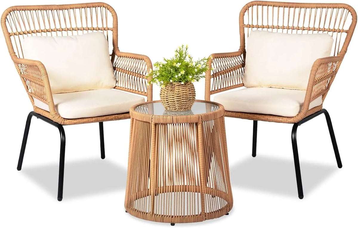 3 Piece Outdoor Wicker Furniture Bistro Set, Rattan Chairs Conversation Sets Wicker Patio Furniture for Balcony Poolside Backyar