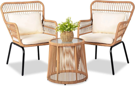 3 Piece Outdoor Wicker Furniture Bistro Set, Rattan Chairs Conversation Sets Wicker Patio Furniture for Balcony Poolside Backyar