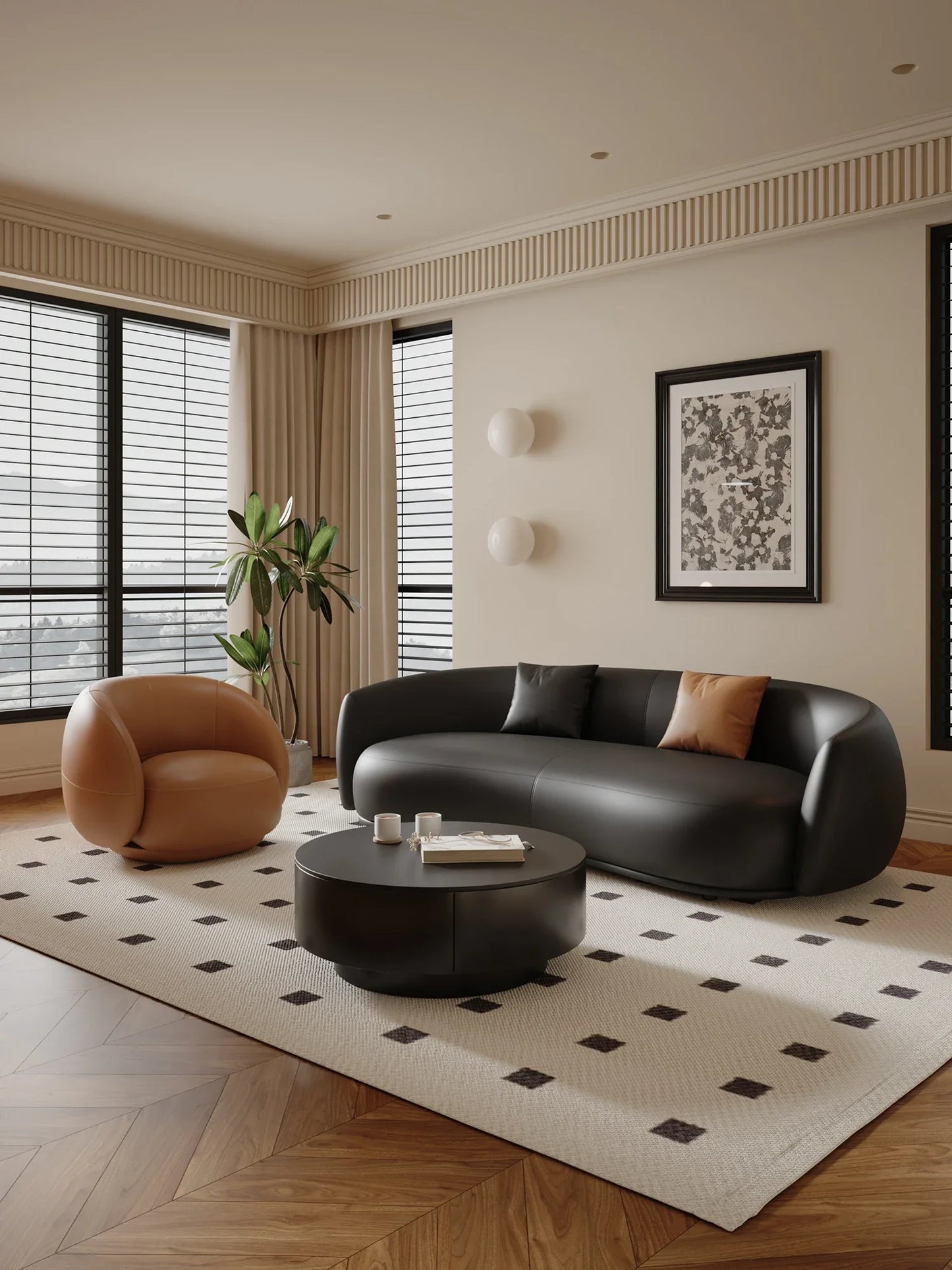 small apartment curved beauty salon Internet celebrity clothing store, rest area negotiation, black leather sofa