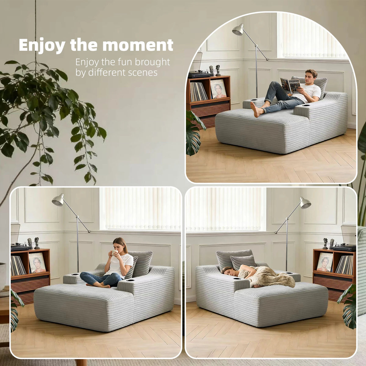 67 Inch Chaise Lounge Chair Indoor, Oversized Corduroy Upholstered Boneless Sofa Bed, Cloud Sofas Couches for Living Room