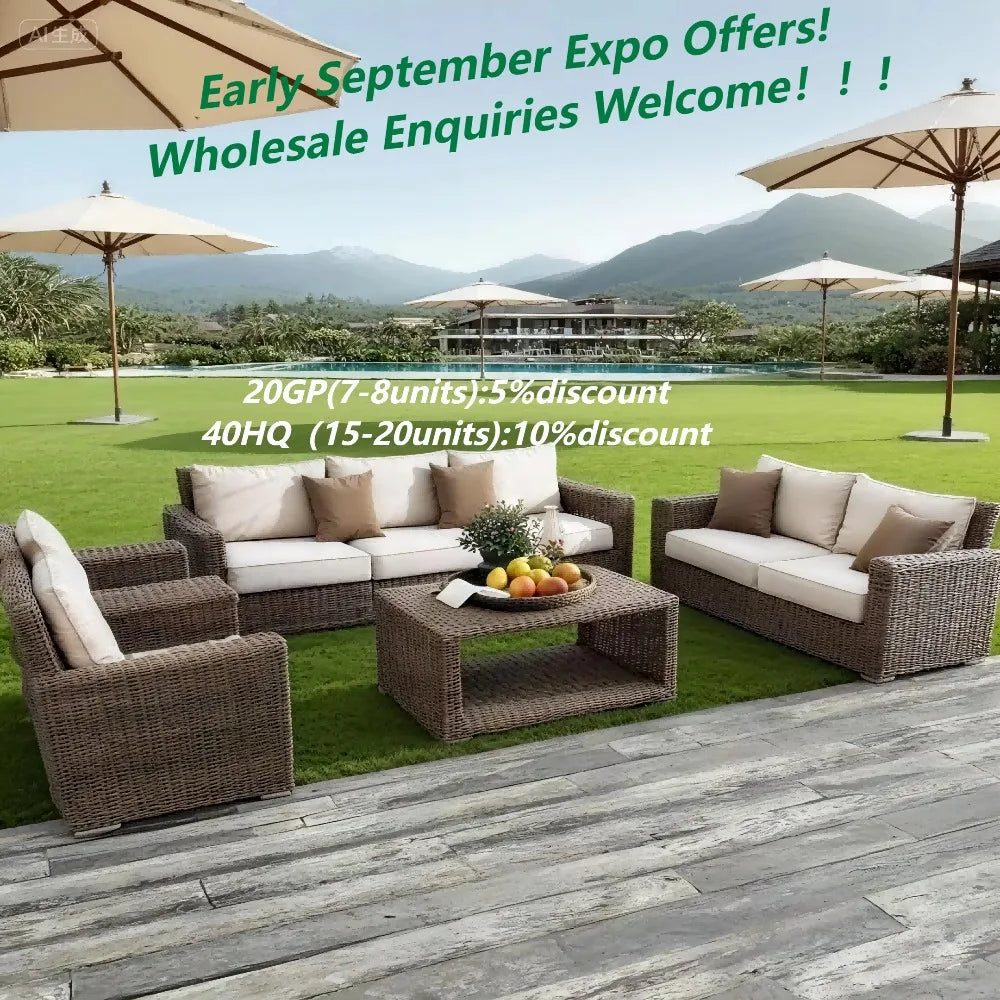 Modern Outdoor PE Rattan Furniture Set Wood Coffee Table & Balcony Living Room Sofas Patio Villa Courtyard Hotel Leisure Garden
