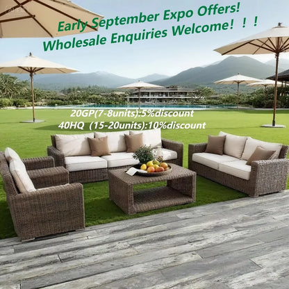 Modern Outdoor PE Rattan Furniture Set Wood Coffee Table & Balcony Living Room Sofas Patio Villa Courtyard Hotel Leisure Garden
