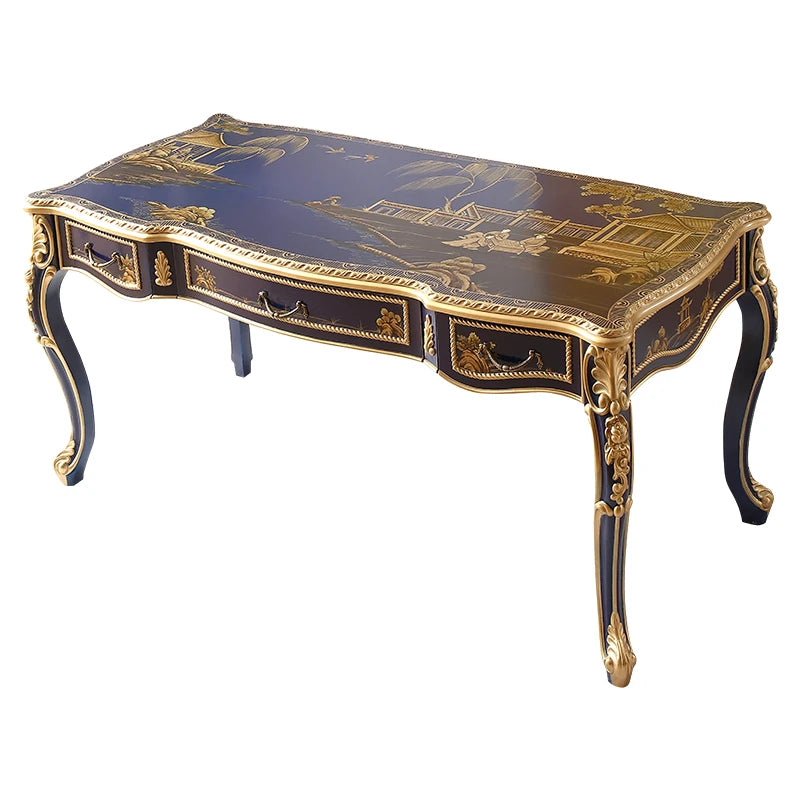 Royal Blue Hand-Painted Solid Wood French-Chinese Dining Set Dining & Study Dual Use