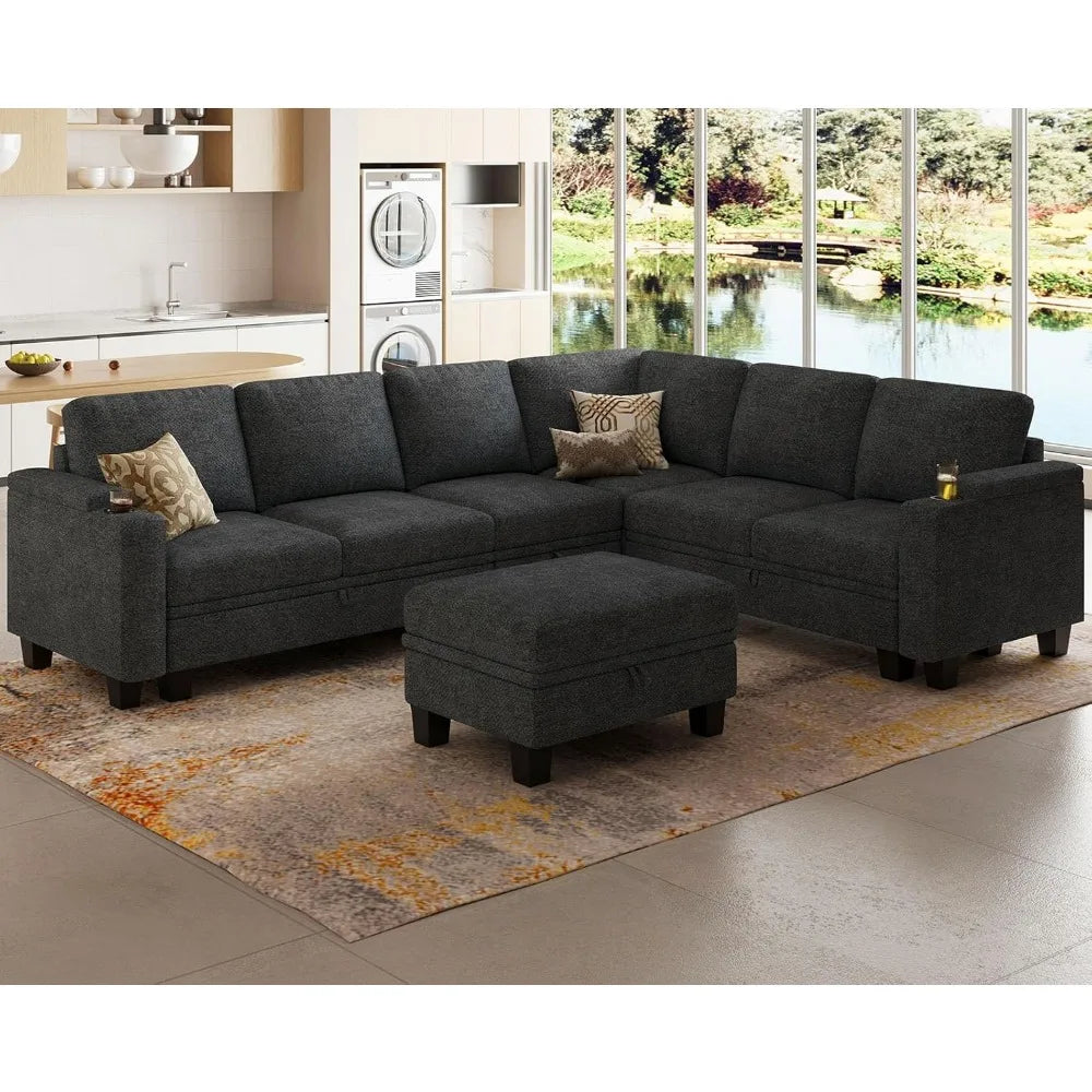 Sofa Convertible L Shaped Corner Couches for Living Room with Storage Armrest with Cup Holder Dark G