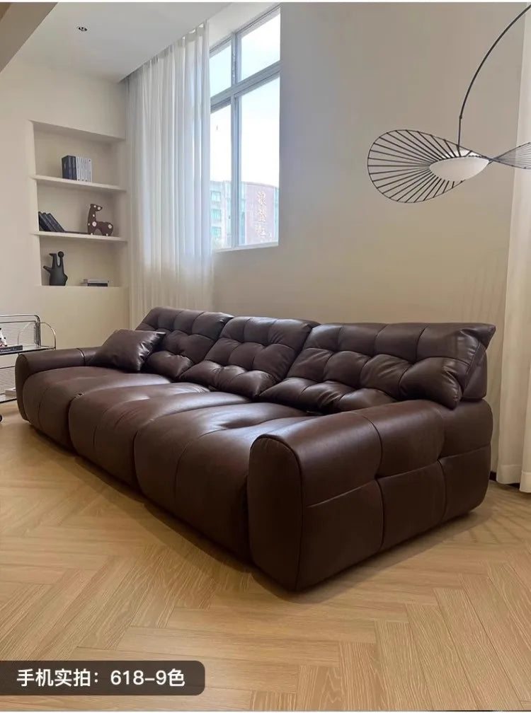Retro oil wax leather sofa, small apartment living room straight row sofa, large sitting depth movable backrest medium ancient