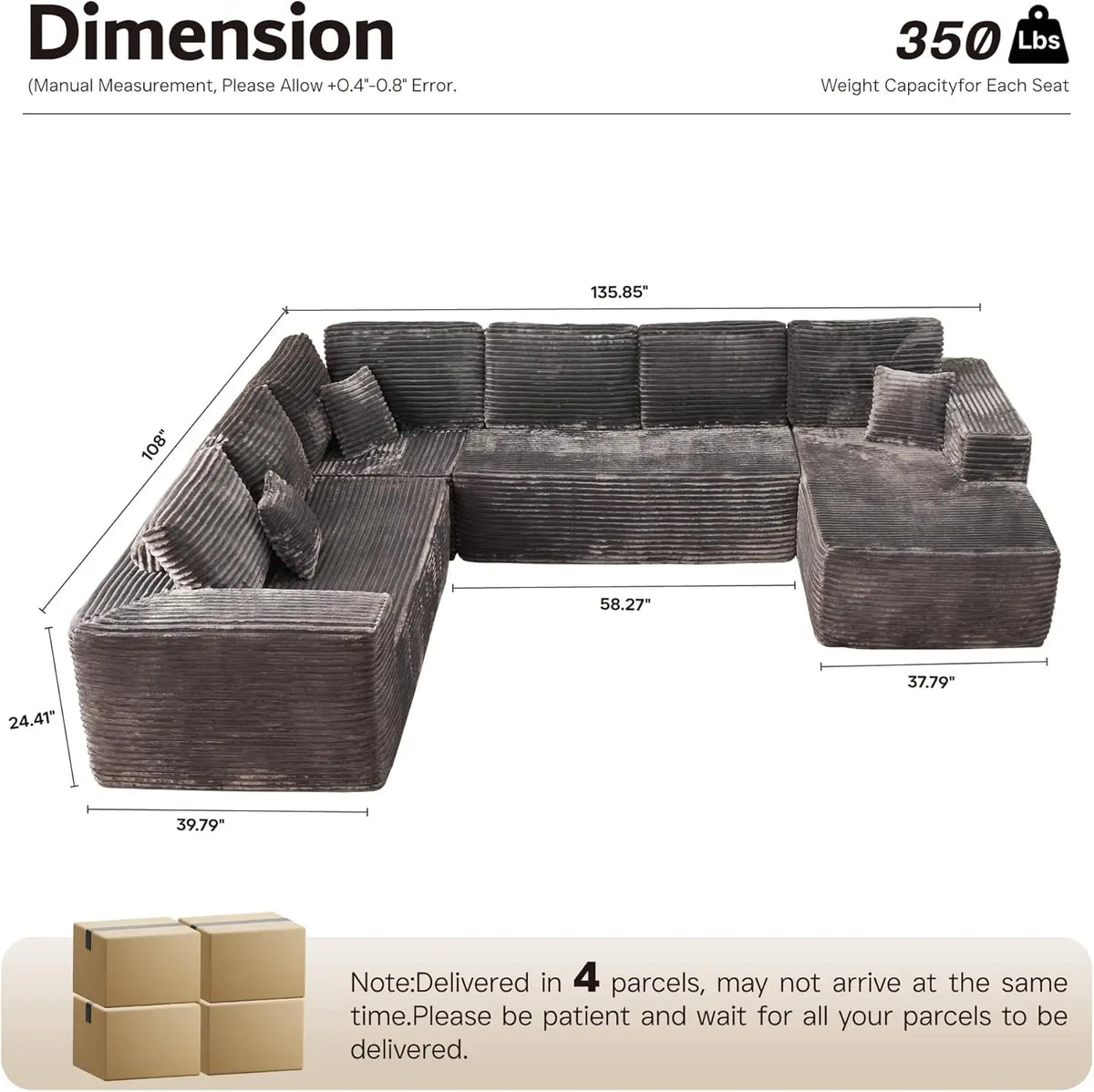 U Shaped Sofa Boneless Couch with Chaise 135